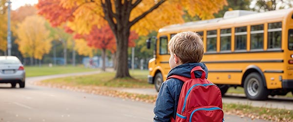Student wearing backpack waiting for the bus