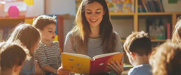 Preschool teacher reading to young students